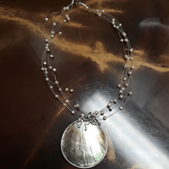 925 sterling mother of pearl disc with seed pearl necklace - Picture 8 of 9